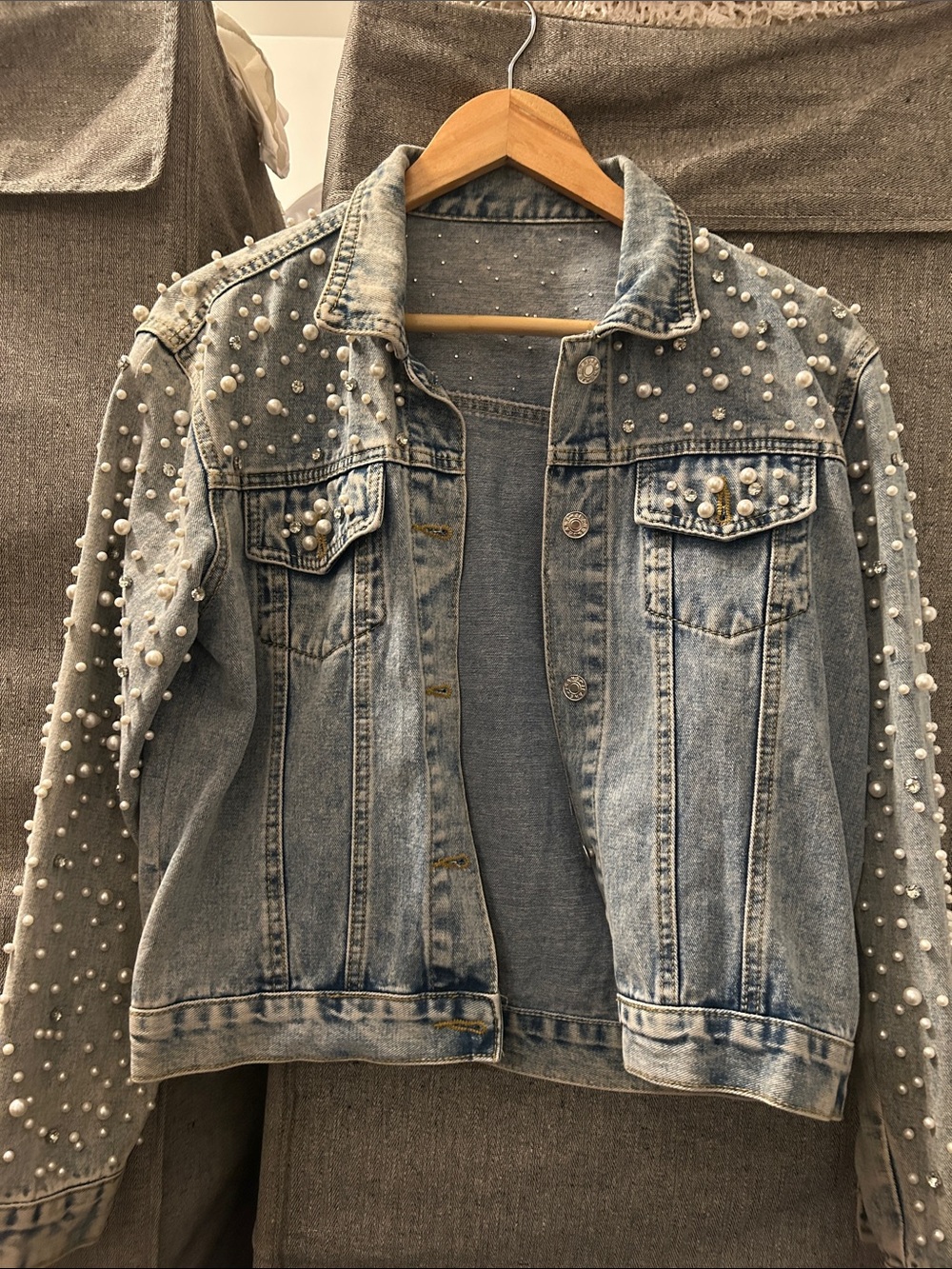 Source Unknown Light Blue Pearl-Embellished Denim Jacket